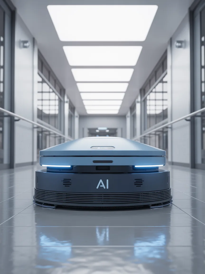 Autonomous floor-cleaning robot operating in a facility corridor
