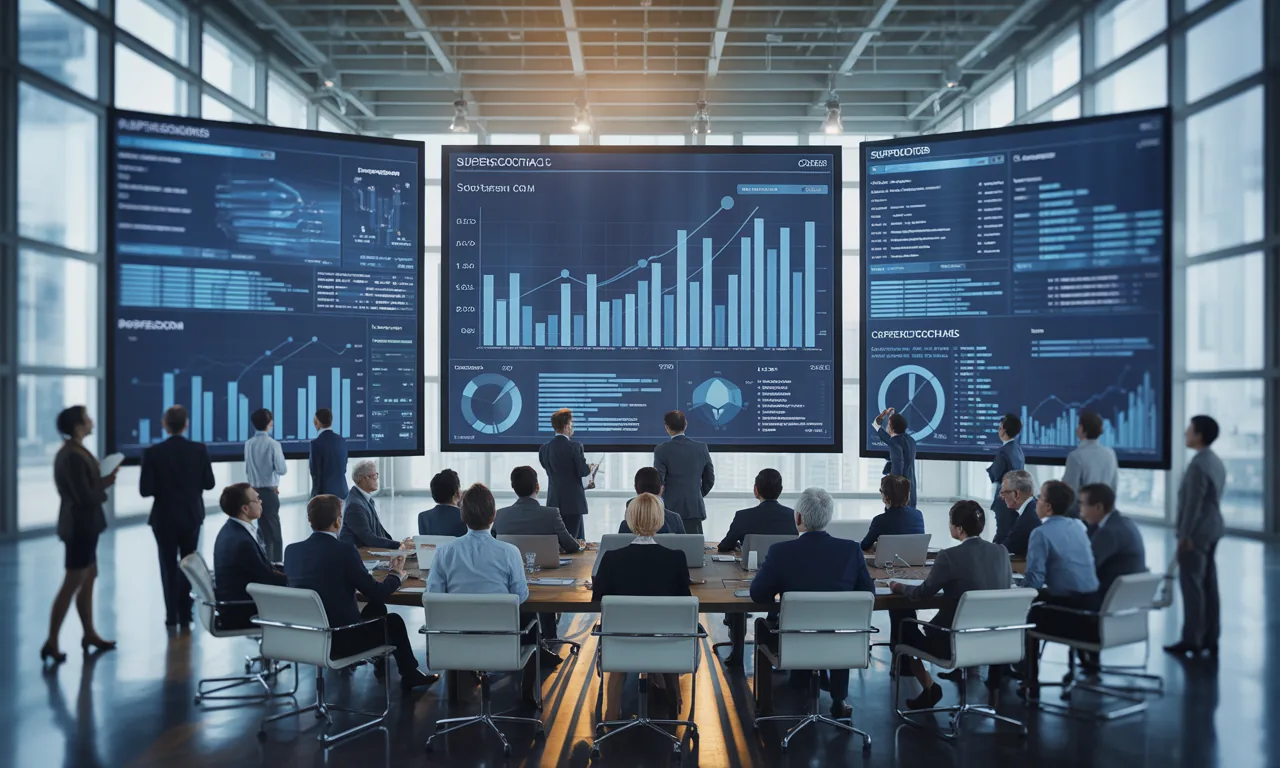 Executive team reviewing facility spend analytics in a boardroom