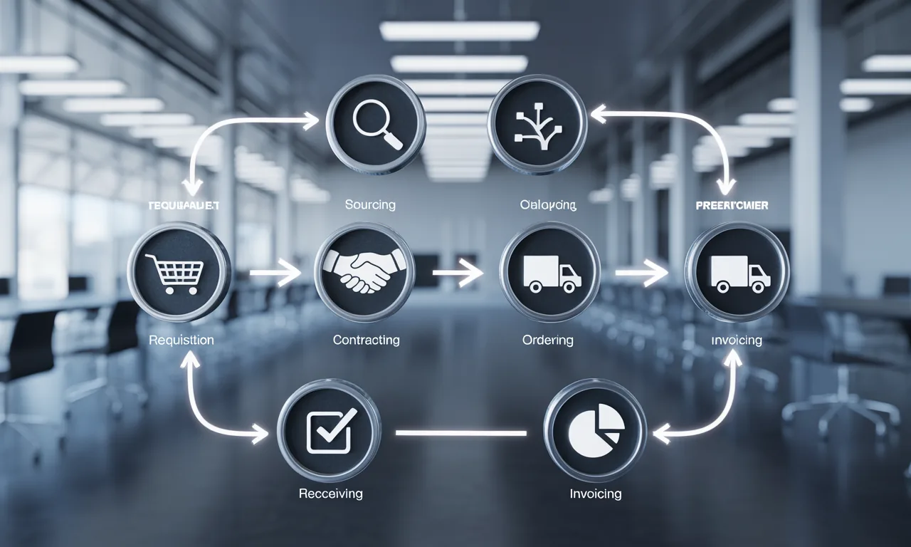 Diagram of the procurement lifecycle: sourcing, negotiation, contracting, delivery, and performance review